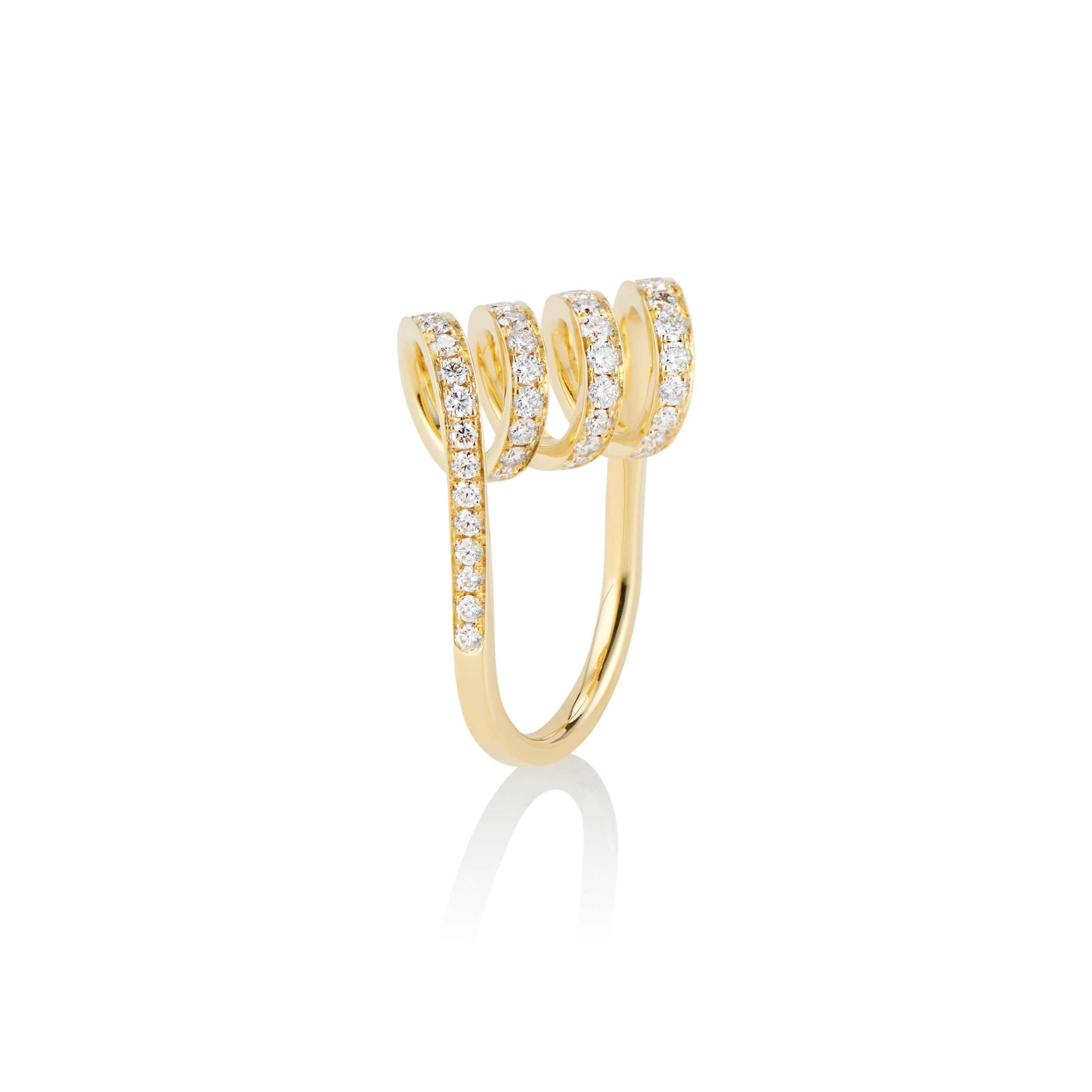 This is a photo of another angle of the Pave Curl Ring designed by Sardwell for Renisis. It features a unique spiral design in 18k yellow gold and pave‘ diamonds.