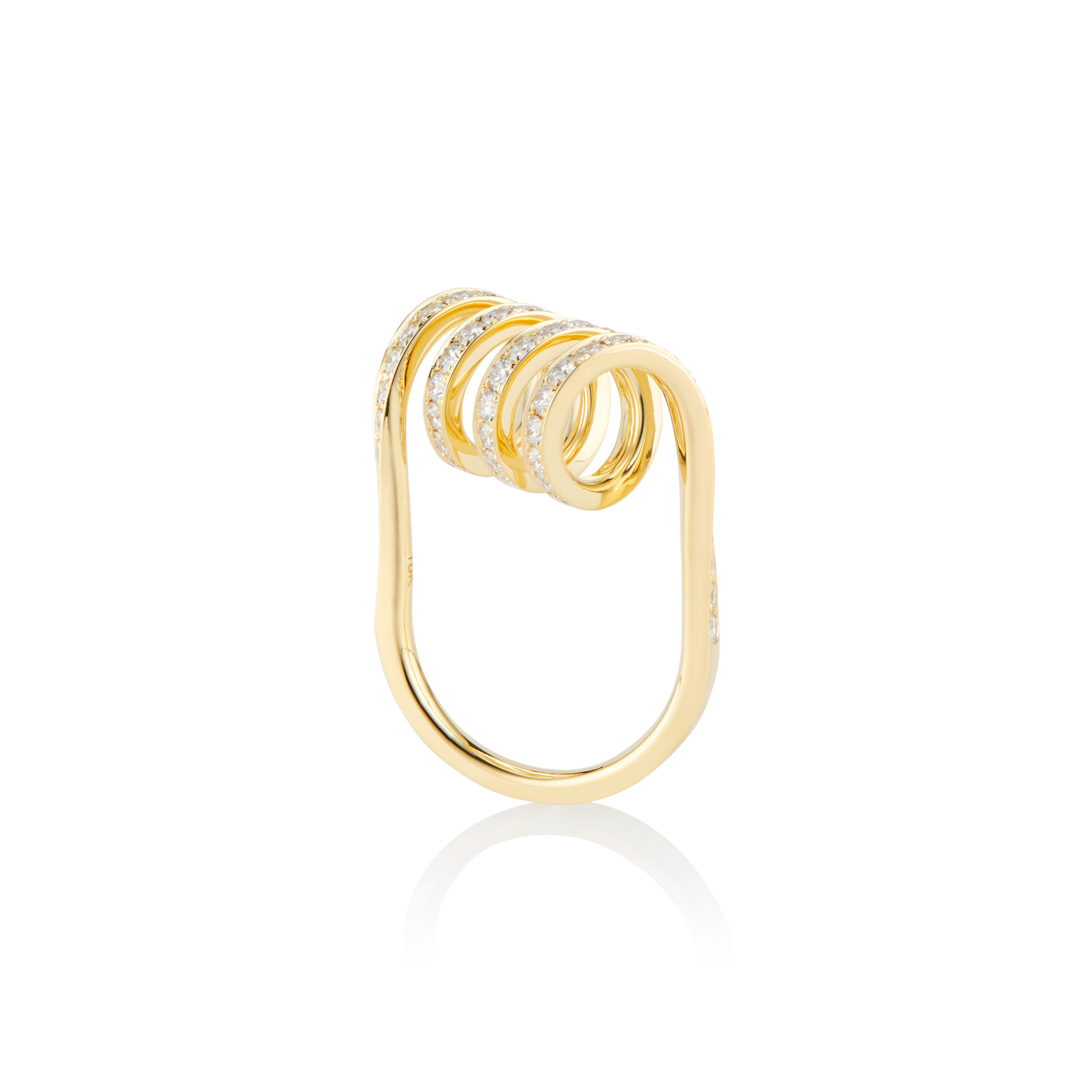 This is a photo 3/4 view of the Pave Curl Ring designed by Sardwell for Renisis. It features a unique spiral design in 18k yellow gold and pave‘ diamonds.