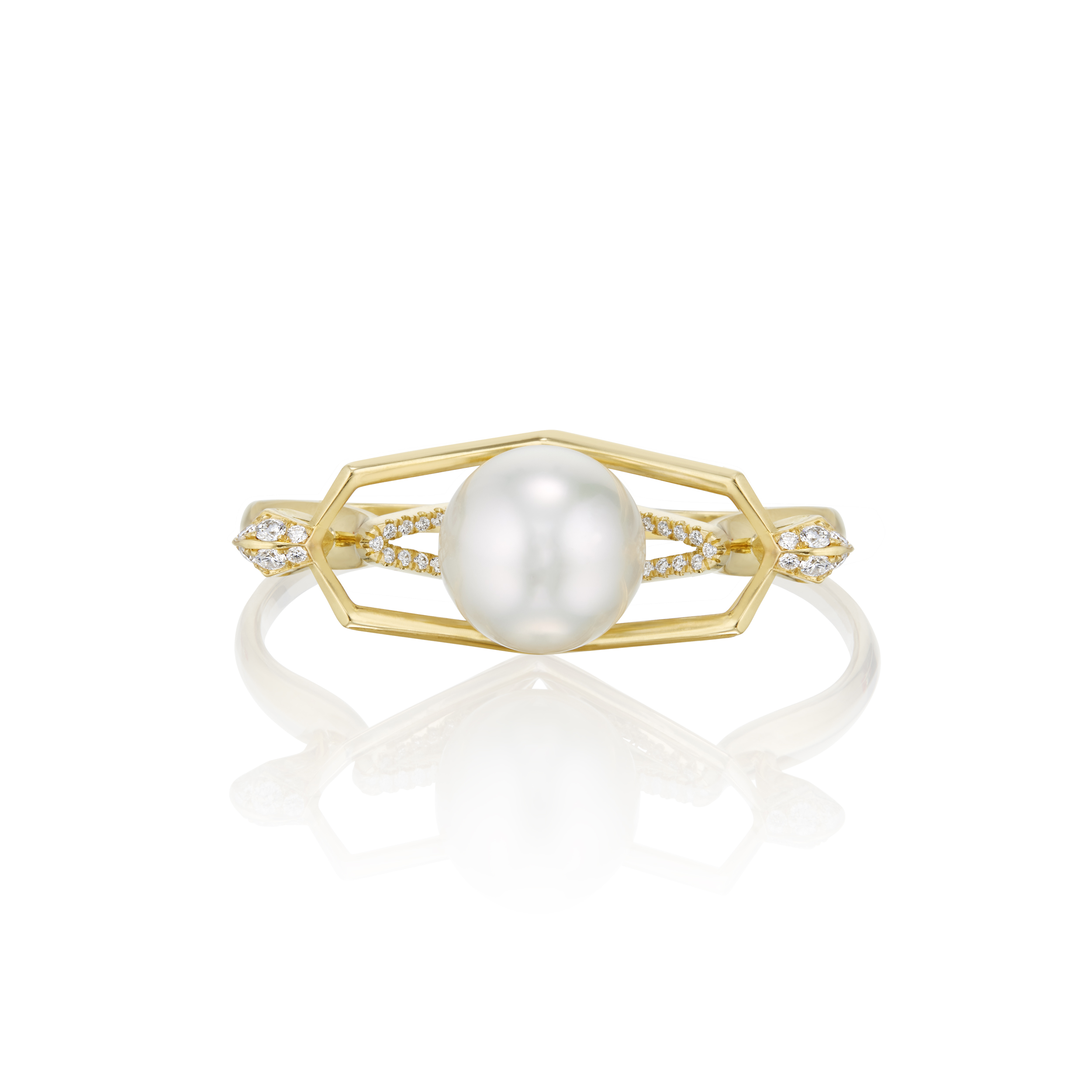 This is a product photo of the Renisis Halo Lotus Double Ring. It's large pearl and setting is facing forward.