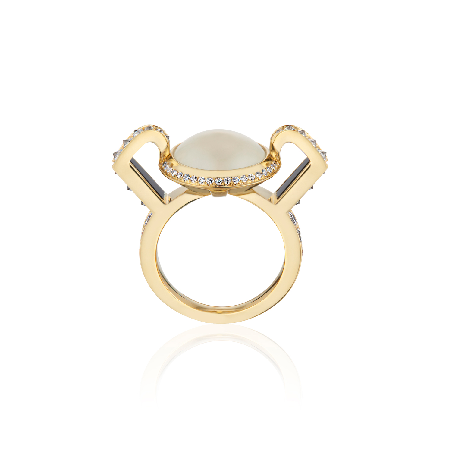 This is a front facing photo of the Renisis Reservoir Ice Ring by artist Sardwell. It is crafted in 18k yellow gold with inverted diamonds and a translucent ice jade center. Its setting is high and dramatic.