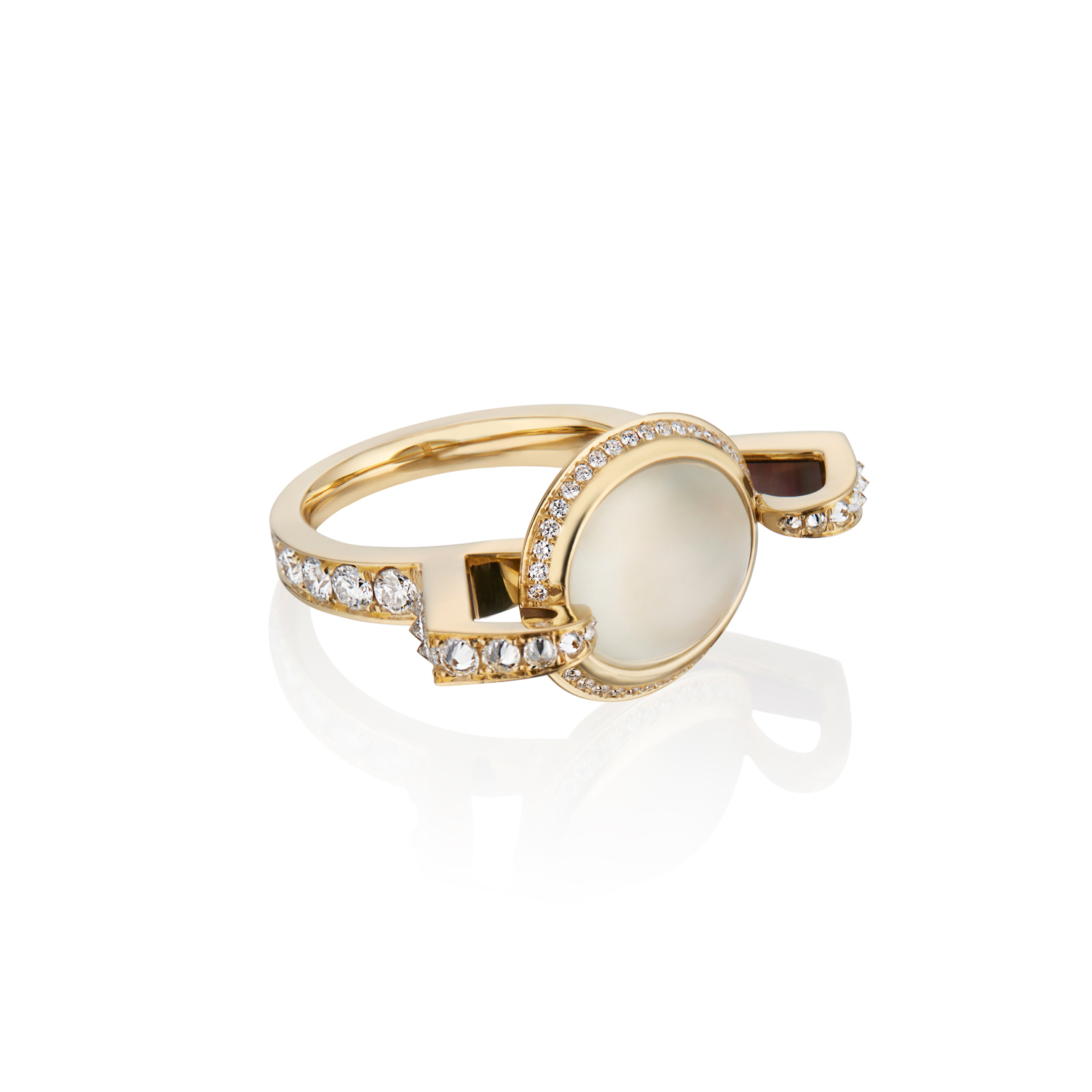 This is a side view of the Renisis Reservoir Ice Ring by artist Sardwell. It is crafted in 18k yellow gold with inverted diamonds and a translucent ice jade center. The diamonds can be clearly seen set around the entire ring.