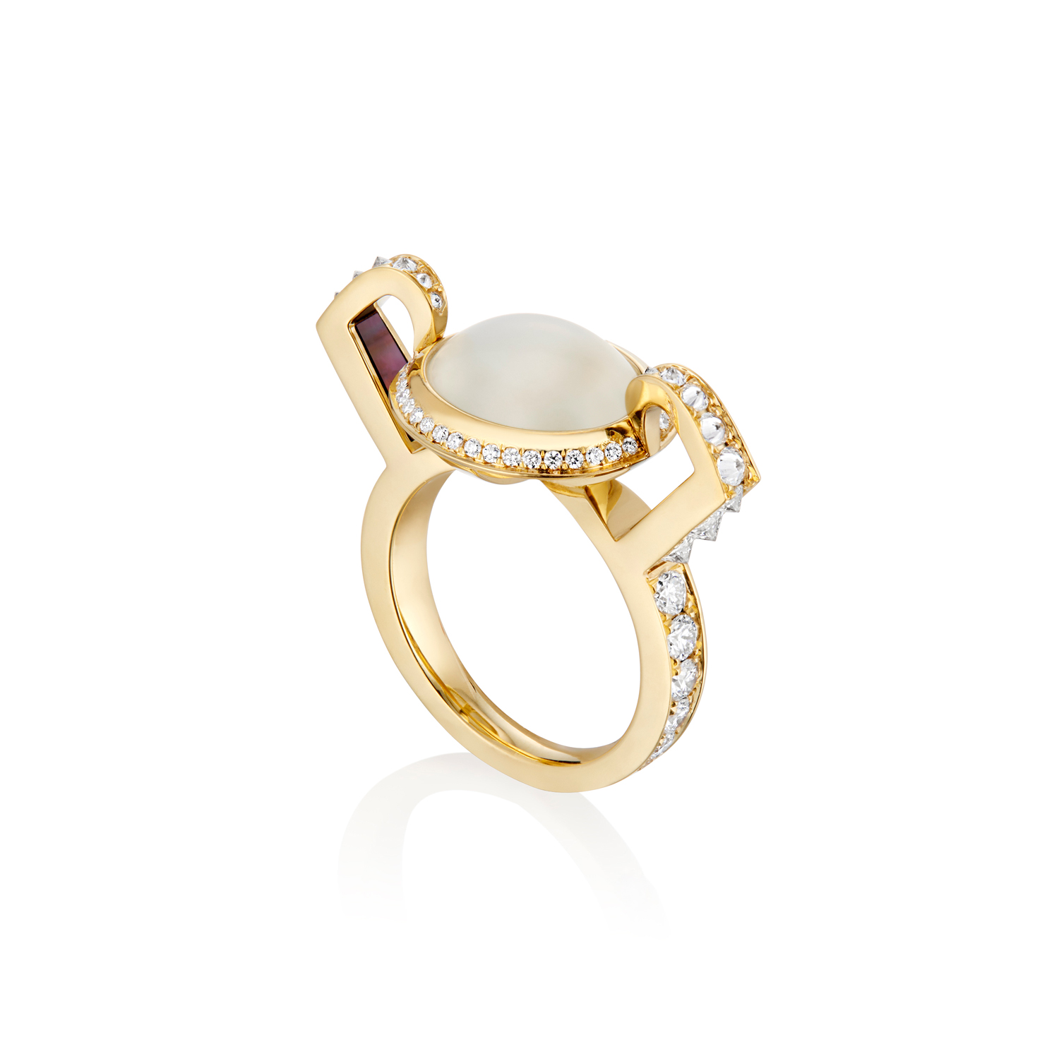 This is another detailed 3/4 view of the Renisis Reservoir Ice Ring by artist Sardwell. It is crafted in 18k yellow gold with inverted diamonds and a translucent ice jade center. Its setting is high and dramatic.