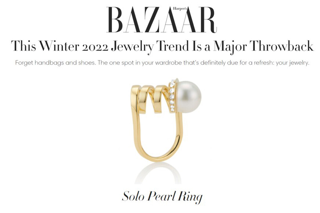This is a graphic from Bazraar Magazine's Winter Trends 2022. Pictured is the Renisis Solo Pearl Ring.