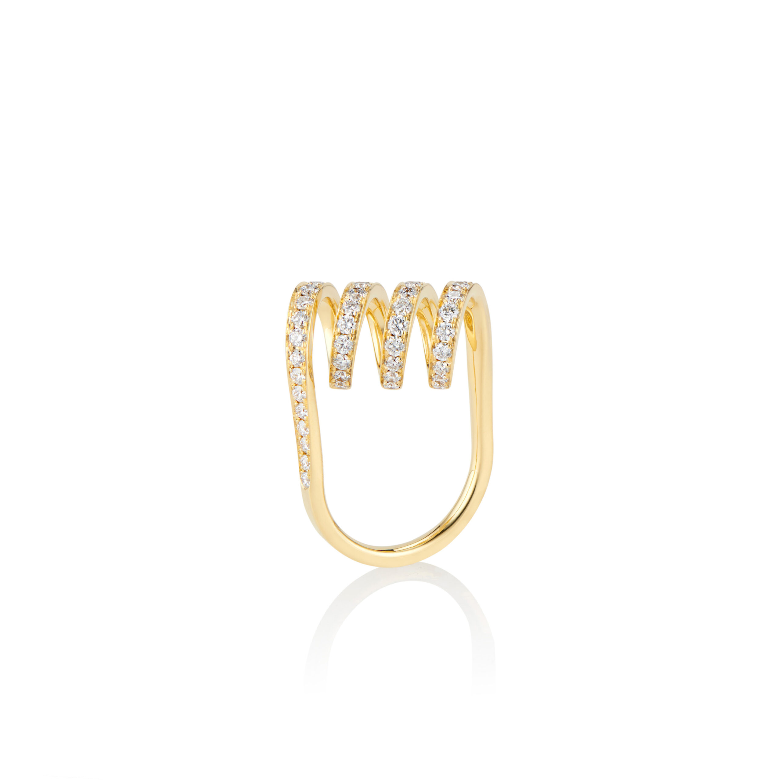 This is a photo of the Pave Curl Ring designed by Sardwell for Renisis. It features a unique spiral design in 18k yellow gold and pave‘ diamonds.