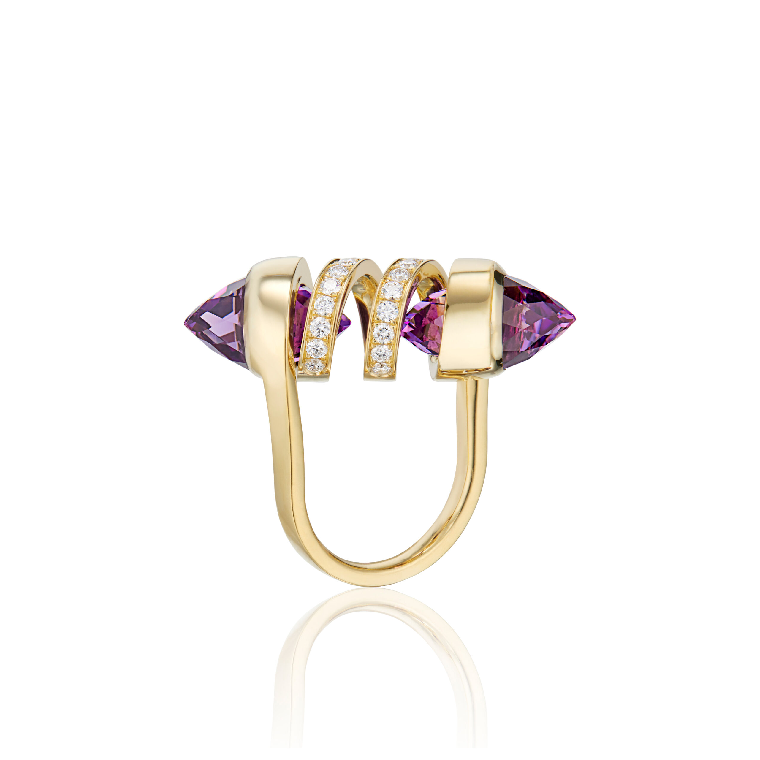 This is a side view of the Renisis Double Bullet Curl Ring by designer, Sardwell. It features an 18K yellow gold with pavé diamonds and faceted Amethyst bullet stones. Its setting is spiral shaped yellow gold.