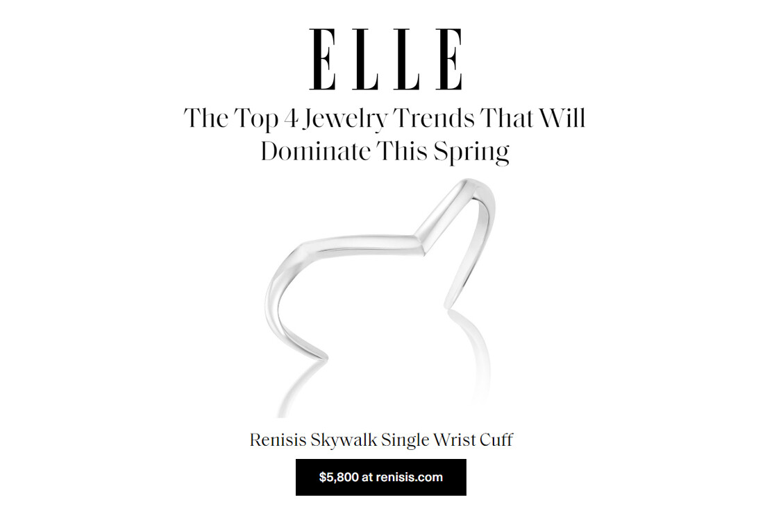 This is a graphic from Elle Magazine featuring the Renisis Skywalk Single Wrist Cuff designed by Sardwell
