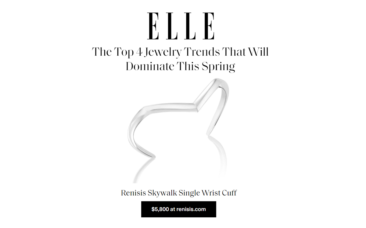 This is a graphic from Elle Magazine featuring the Renisis Skywalk Single Wrist Cuff designed by Sardwell