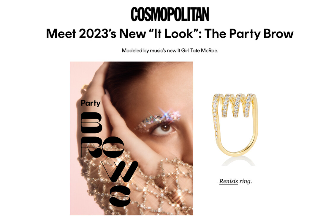 This is a graphic from Cosmopolitan Magazine Featuring Renisis diamond pave‘ Curl Ring in 18kt yellow gold