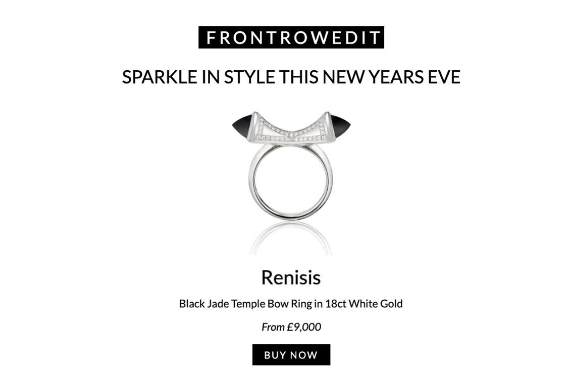 This is a graphic from Front Row Edit magazine featuring the Renisis Black Jade Temple Bow Ring