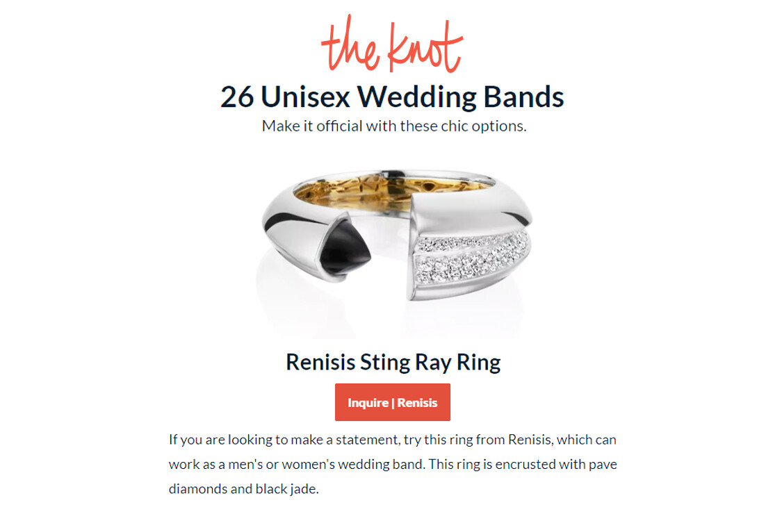 This is a graphic from The Knot Magazine featuring a photo of the Renisis Sting Ray Ring.