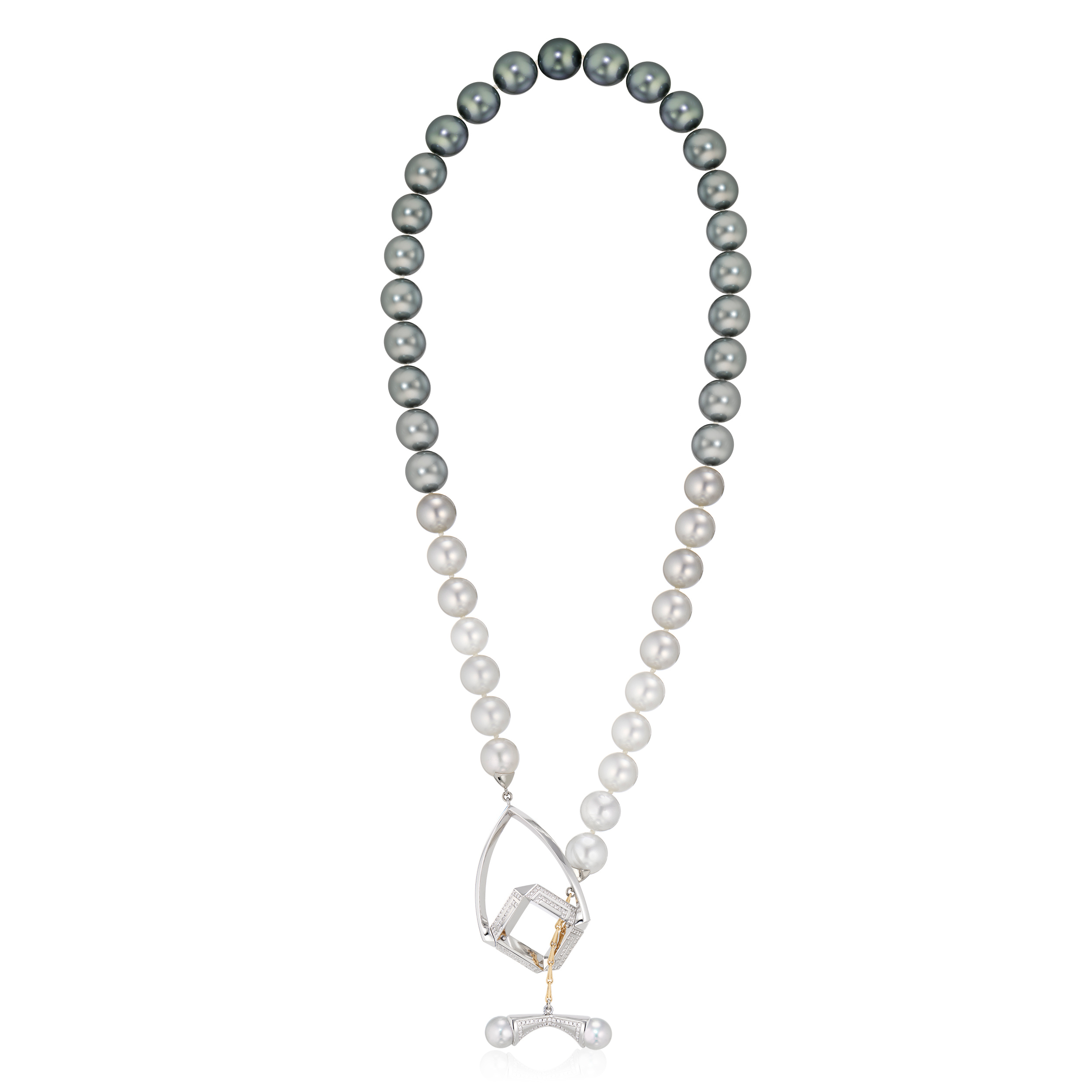 This is the Renisis Guardian Temple Pearl Necklace and Bow Toggle. It featuresOmbré Tahitian pearl necklace with white and yellow gold, blue akoya pearls, pavé diamond patterns and shibori inspired designs.