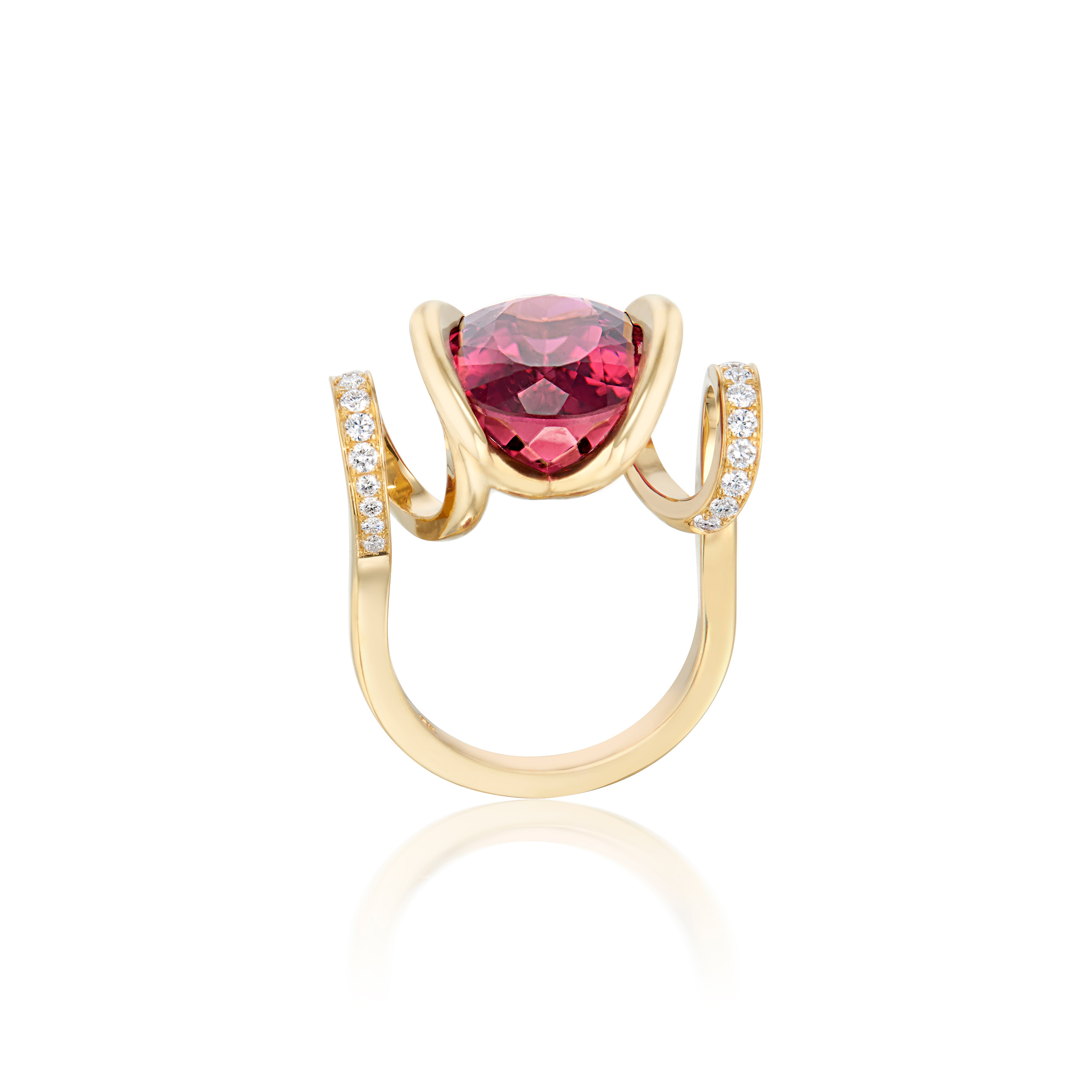 This is a front standing view of the Renisis Fire Curl Ring with pink tourmaline center and 18K yellow gold with pavé diamonds. Here, you can see the design's symmetry. Its unique design featured a curled body and setting.