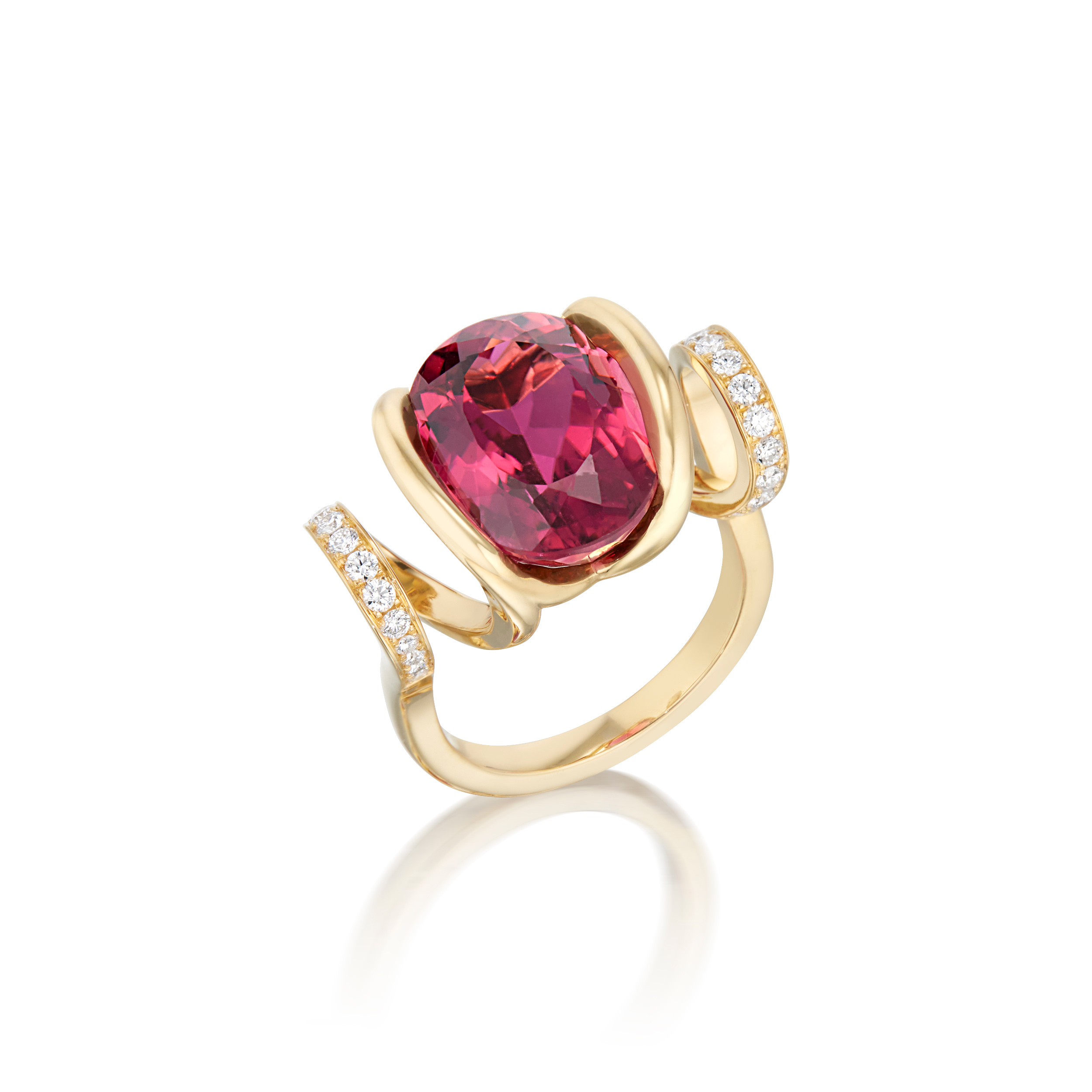 This is a top view of the Renisis Fire Curl Ring with pink tourmaline center and 18K yellow gold with pavé diamonds. Its unique design features a curled gold body and setting.