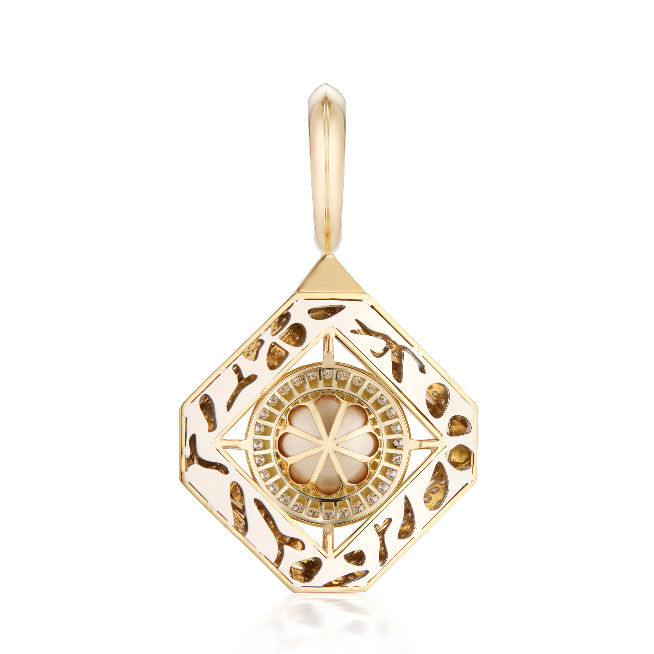 This is a picture of the back of the Renisis Guardian Gold Temple Pendant. There are very intricate designs including biomorphic cut outs and a round geometric setting for the large gold pearl