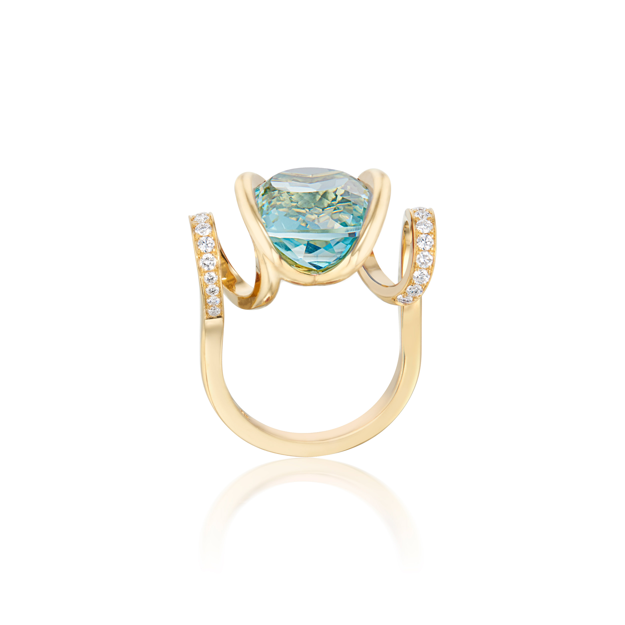 This is a Curl Ring with Aquamarine Center from Renisis by designer, Sardwell. It is made of 18K yellow gold with aquamarine and pavé diamonds. Its unique design includes a curled gold shape and setting.