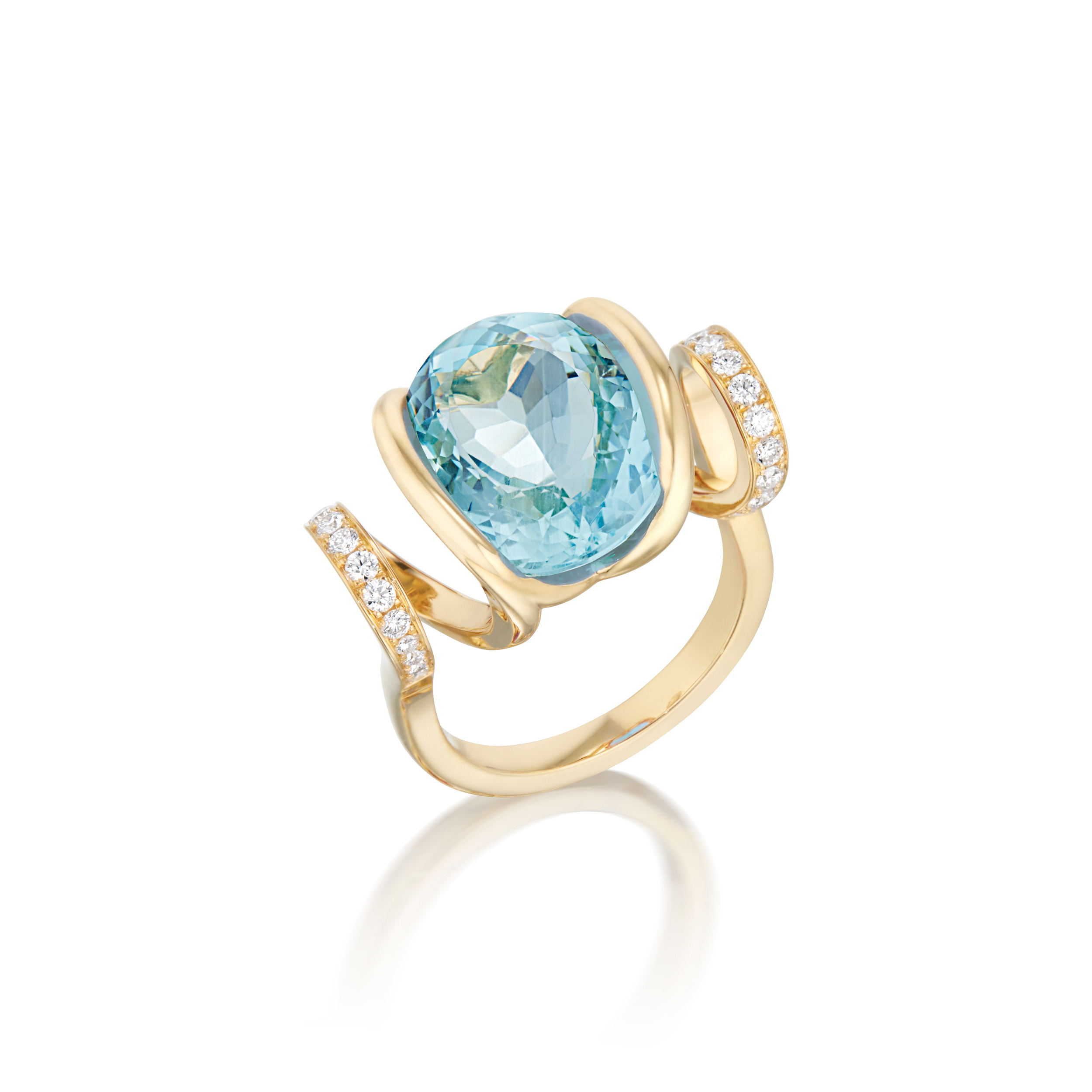A top down view of the Ice Curl Ring with Aquamarine Center from Renisis by designer, Sardwell. It is made of 18K yellow gold with aquamarine and pavé diamonds.