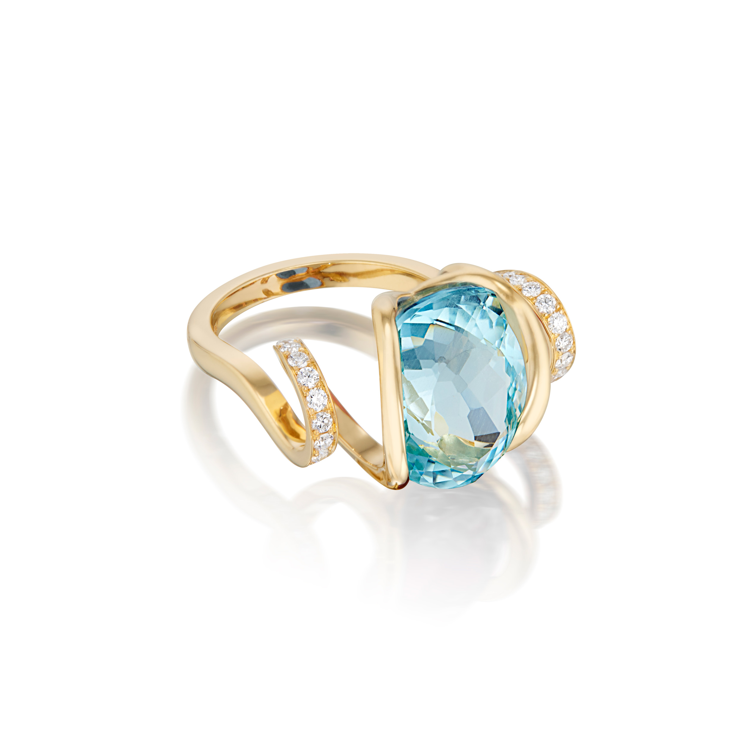 Renisis by Sardwell Ice Curl Ring with Aquamarine Center from Renisis by designer, Sardwell. It is made of 18K yellow gold with aquamarine and pavé diamonds. Its unique design includes a curled gold shape and setting.