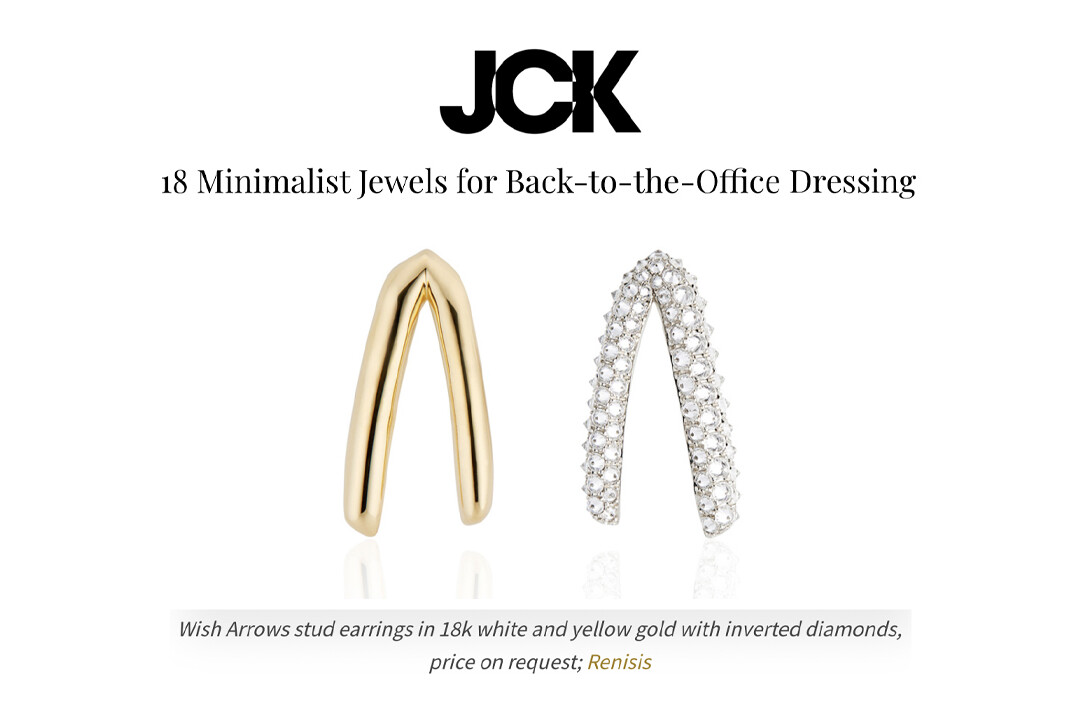 This is a new article from JCK magazine featuring Renisis by designer Sardwell's Wish Arrow Stud earrings. Eacj earring is shaped in a V with one in 18k yellow gold and the other in 18k white gold with inverted diamonds for an engaging asymmetrical look.